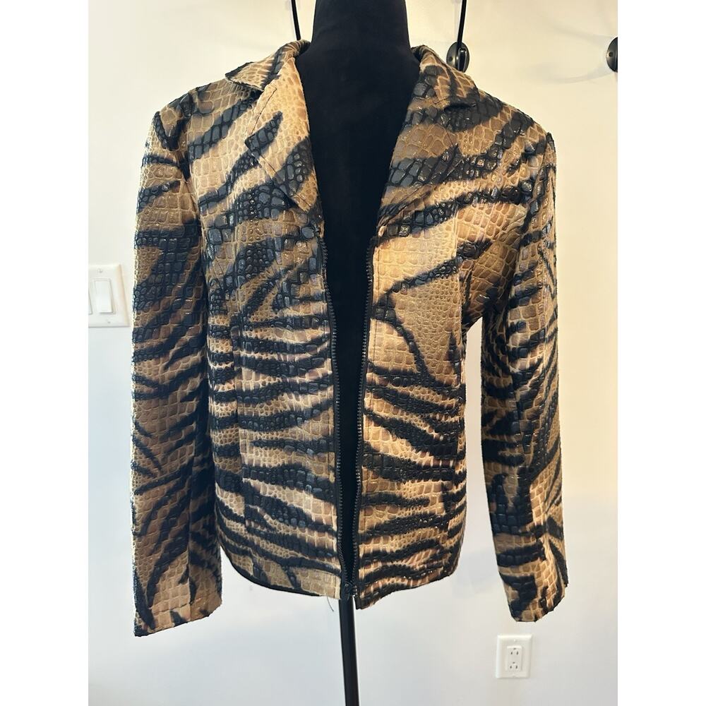 Selene Sport Tiger Print Faux Leather Jacket Full Zip (flaw) Size 10 Vintage
